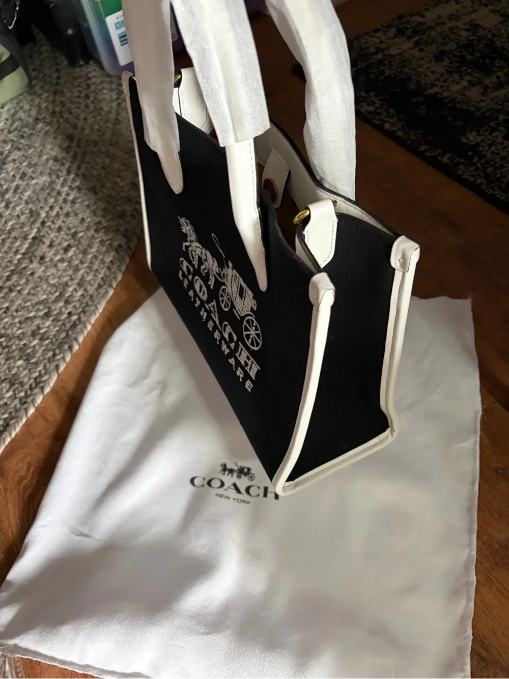 Coach Black and White Leather Logo Tote